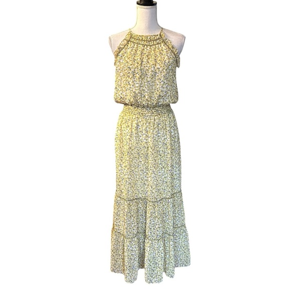 Max Studio Georgette Smocked Waist Yellow Floral Halter Maxi Dress SZ Small - Picture 1 of 8